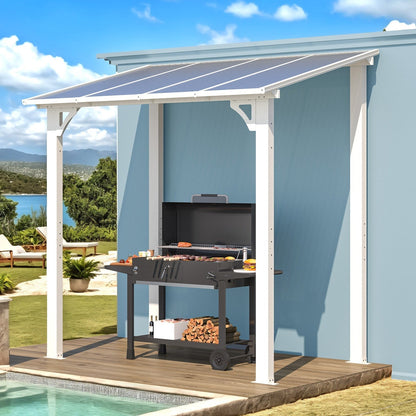 YODOLLA 2.4x1.5m Aluminium Lean-to Gazebo Wall-Mounted Hardtop Roof Pergola, White