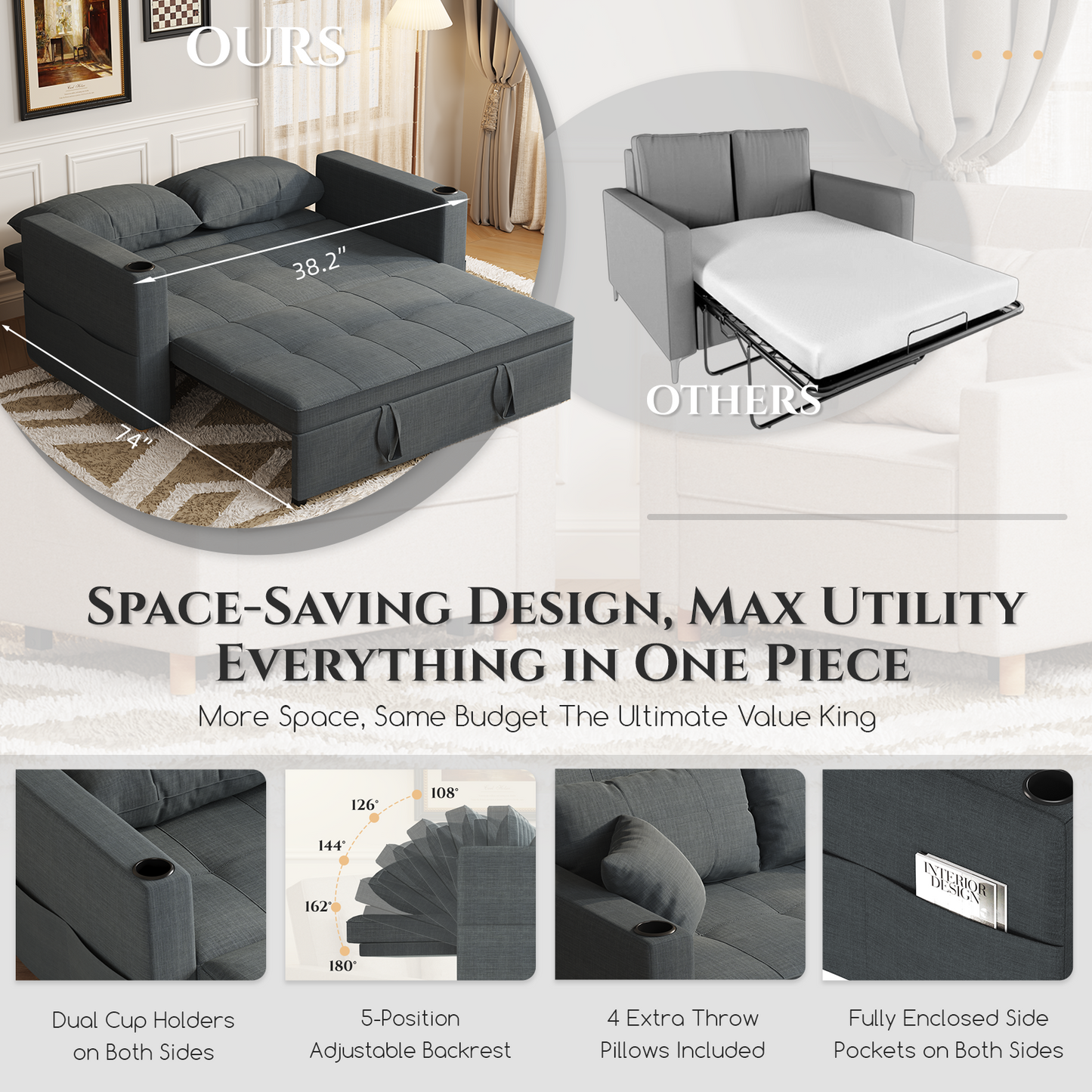 YODOLLA 2 Seater Sofa bed, 3-in-1 Convertible Sleeper Sofa 160cm, Dark Grey