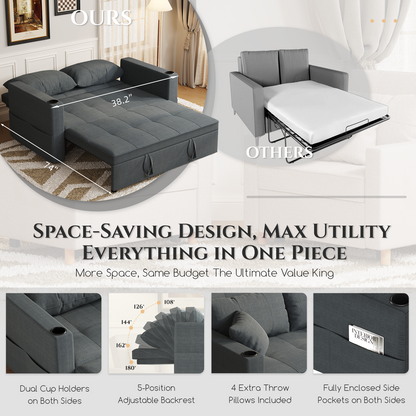YODOLLA 2 Seater Sofa bed, 3-in-1 Convertible Sleeper Sofa 160cm, Dark Grey