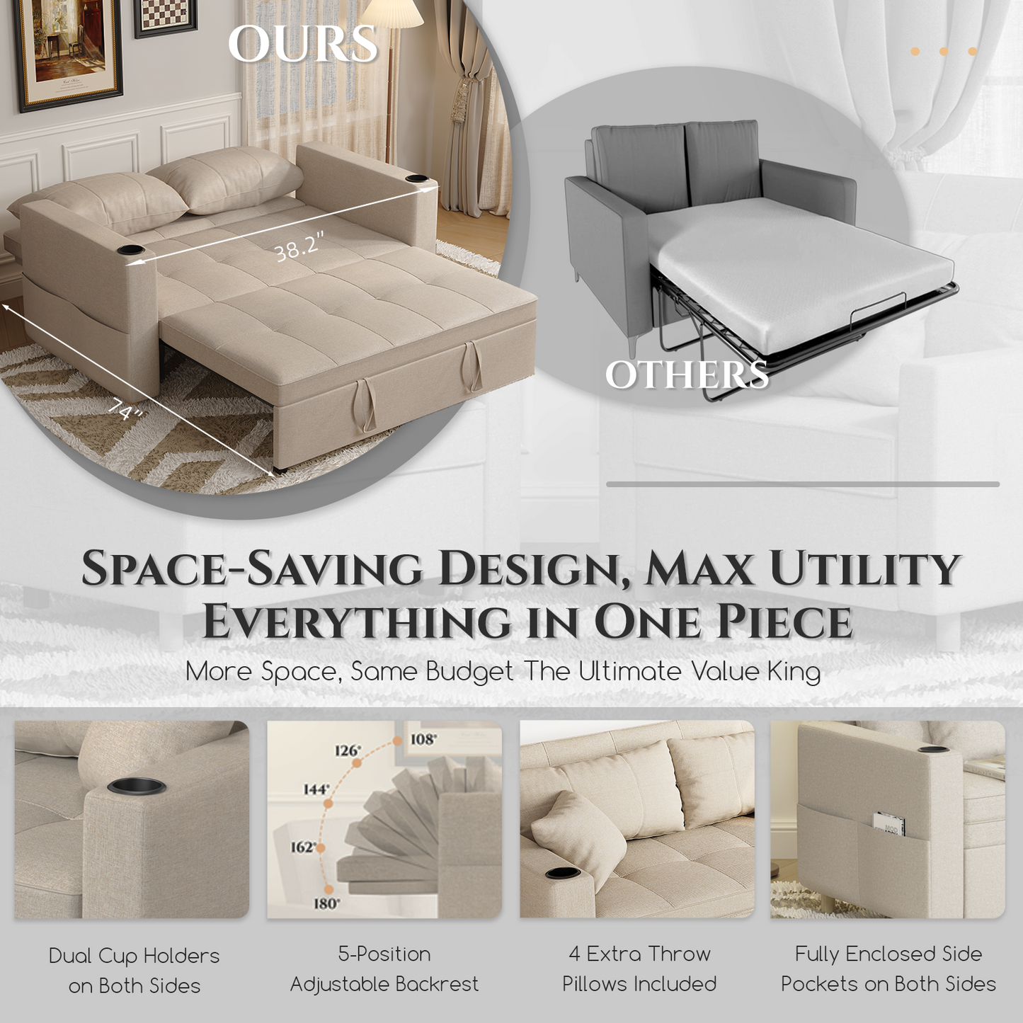 YODOLLA 2 Seater Sofa bed, 3-in-1 Convertible Sleeper Sofa 160cm, Beige