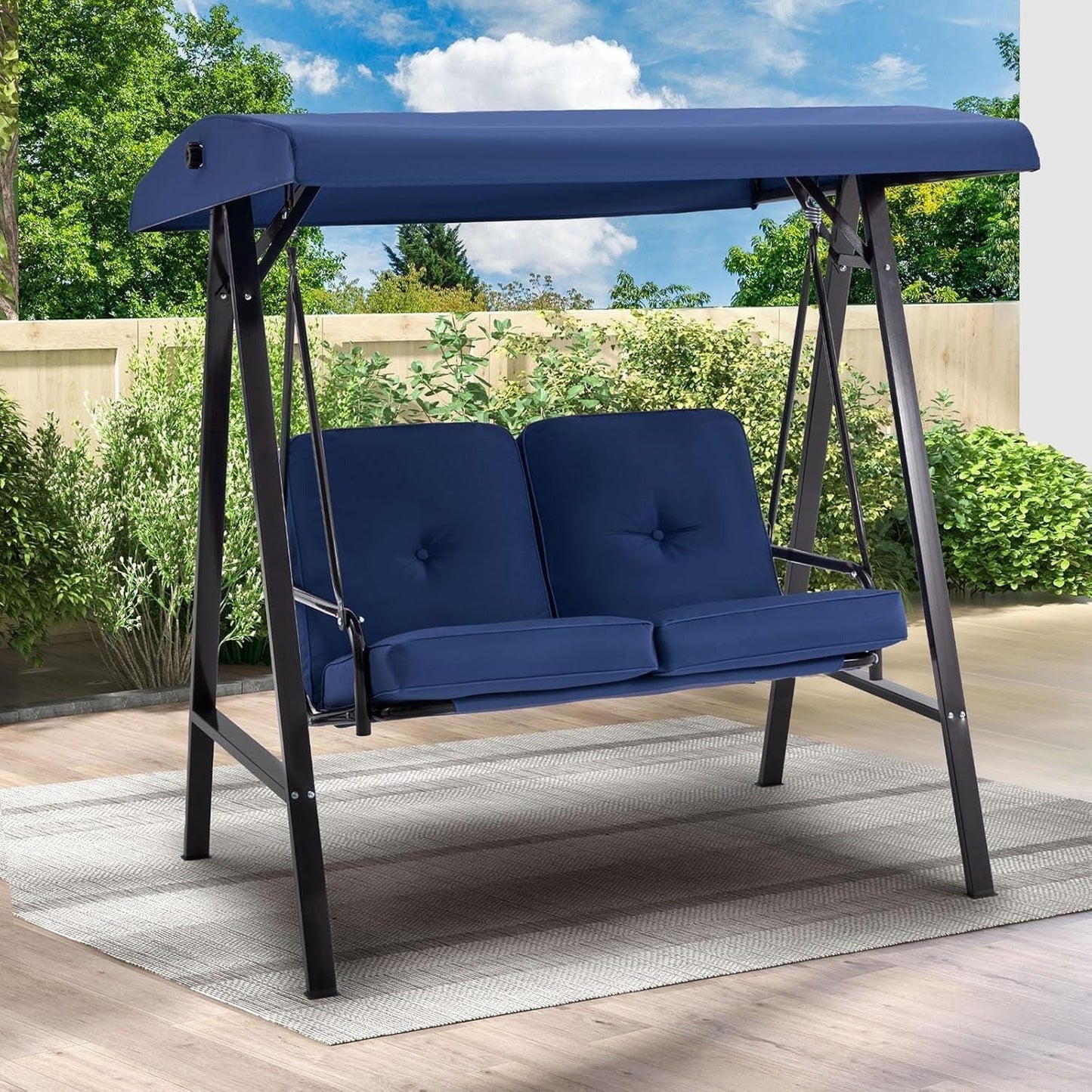 YODOLLA 2 Seater Garden Swing Chair with Adjustable Canopy & Cushions-Navy