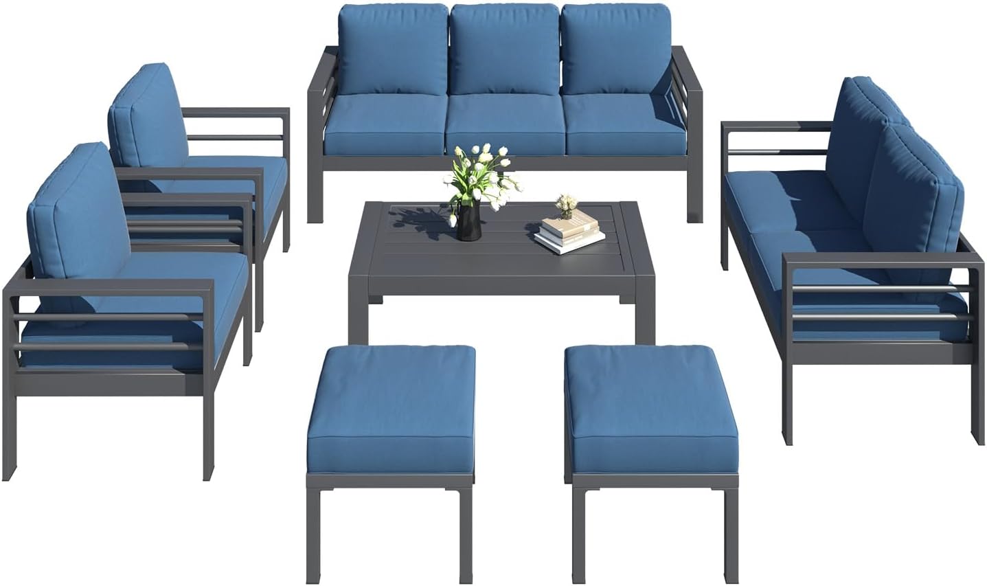 YODOLLA 7-Piece Aluminium Garden Furniture Set, 9 Seater Conversational Corner Sofa