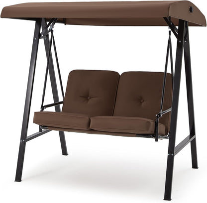 YODOLLA 2 Seater Garden Swing Chair with Adjustable Canopy & Cushions-Brown