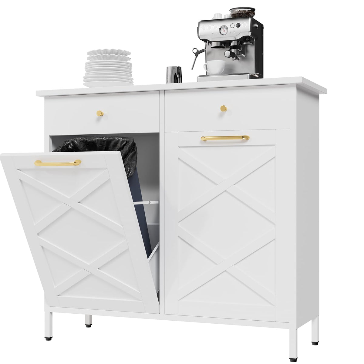 YODOLLA Double Tilt Out Trash Can Cabinet with 2 Drawers