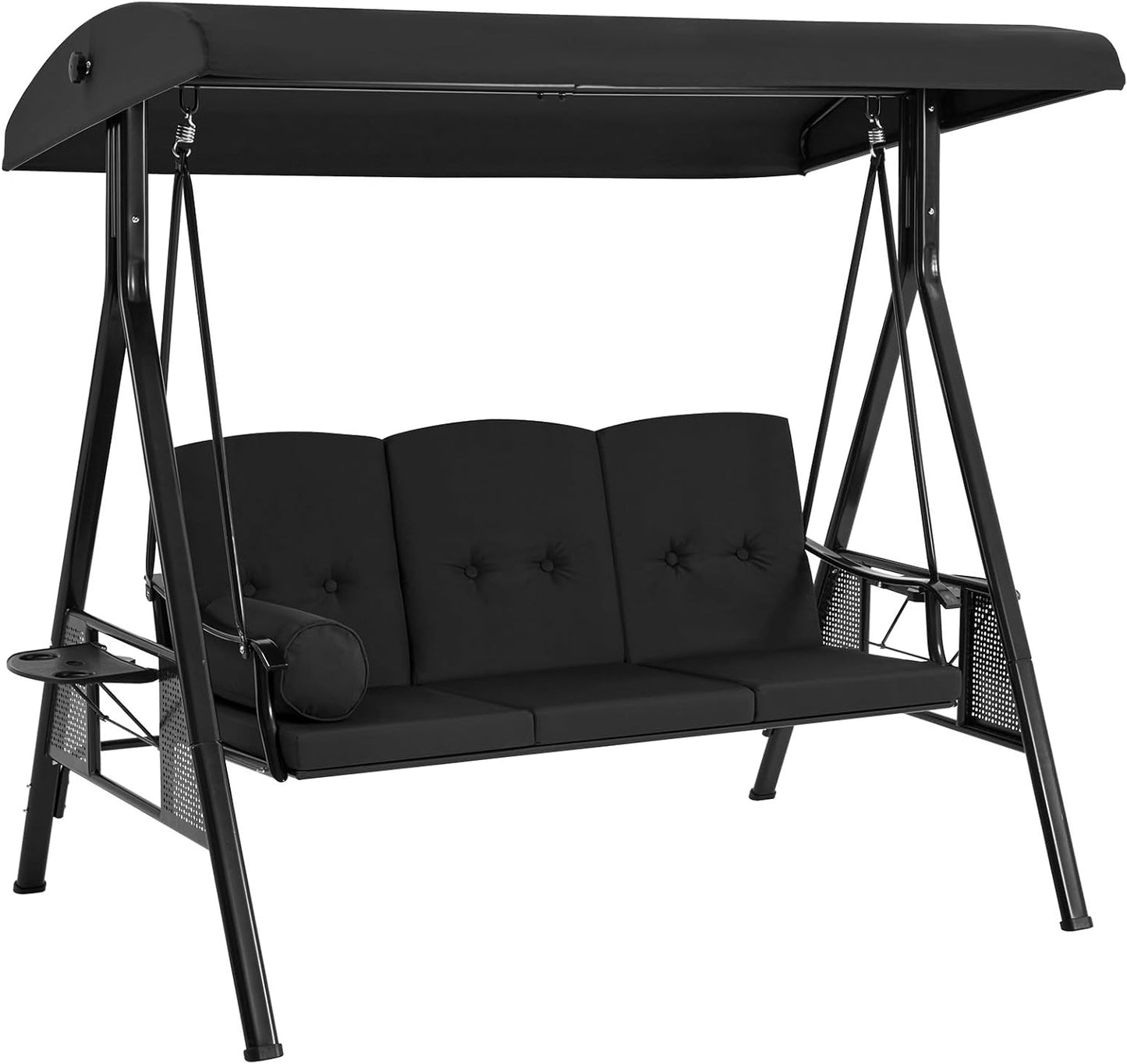 YODOLLA 3 Seater Garden Swing Chair with Adjustable Canopy & Cushions, Black