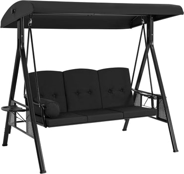 YODOLLA 3 Seater Garden Swing Chair with Adjustable Canopy & Cushions, Black