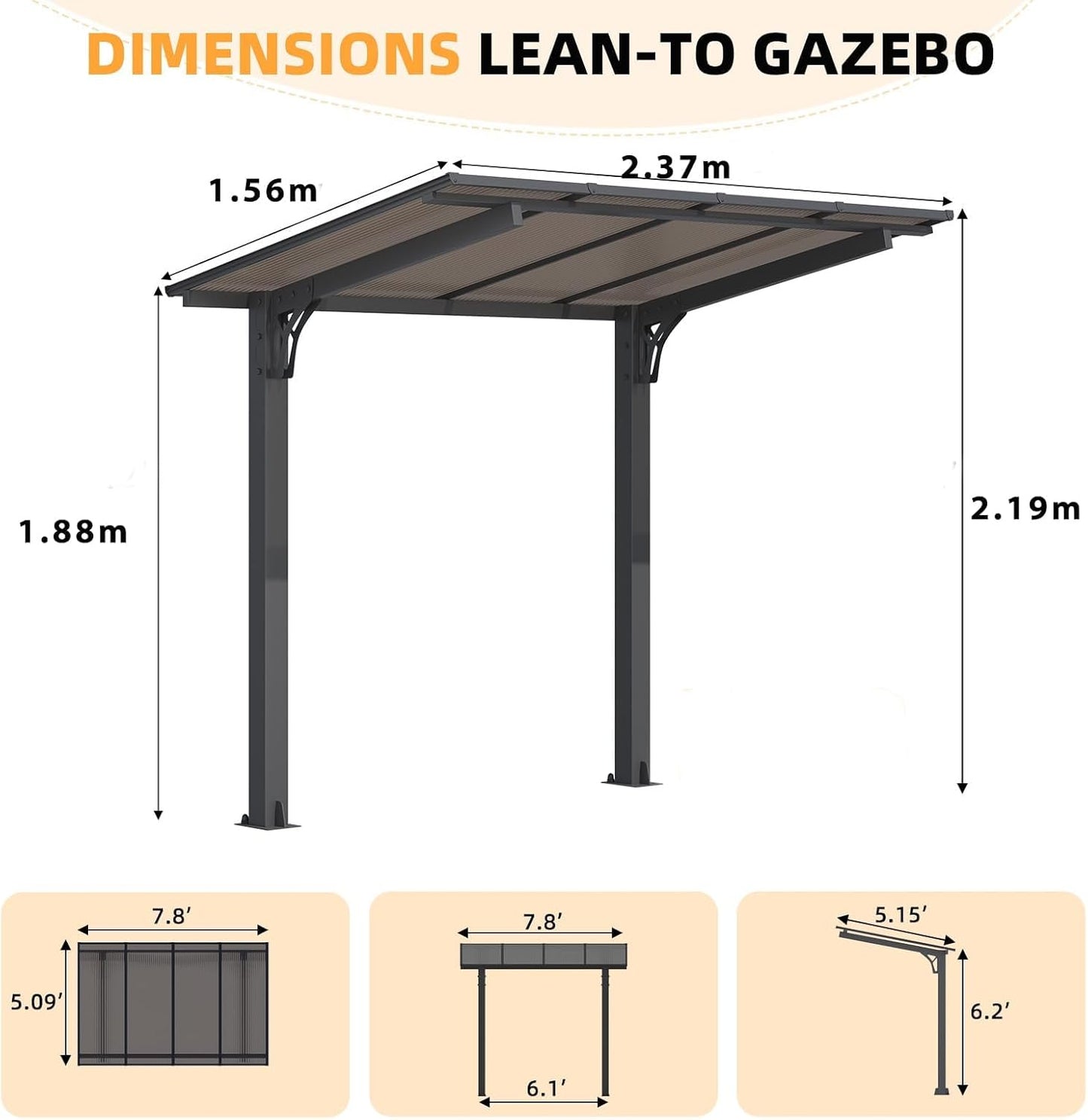 YODOLLA 2.4x1.5m Freestanding Hardtop Lean to Gazebo Pergola for Patio