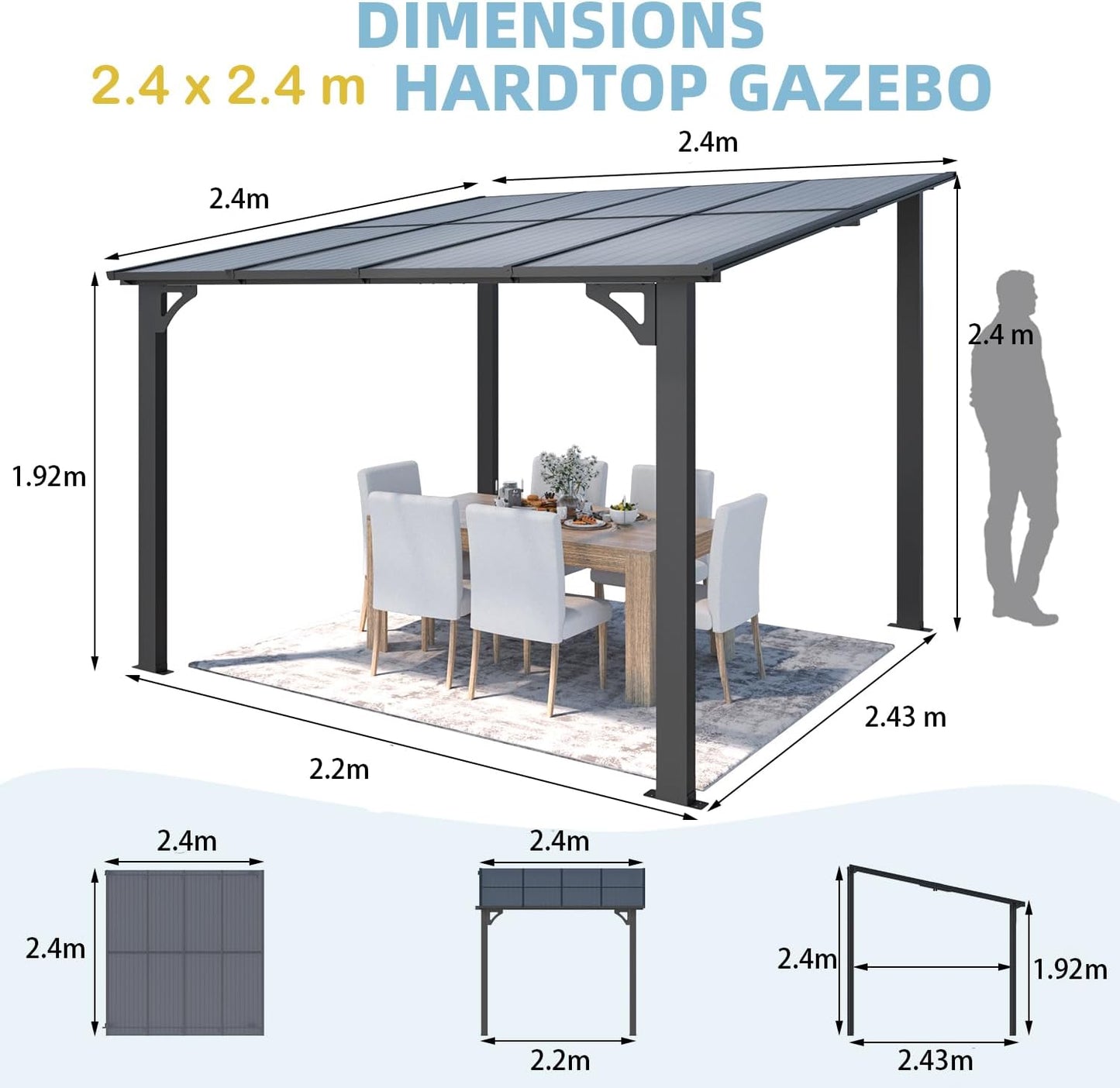 YODOLLA 2.4x2.4m Aluminium Lean-to Gazebo Wall-Mounted Hardtop Roof Pergola, Dark Grey