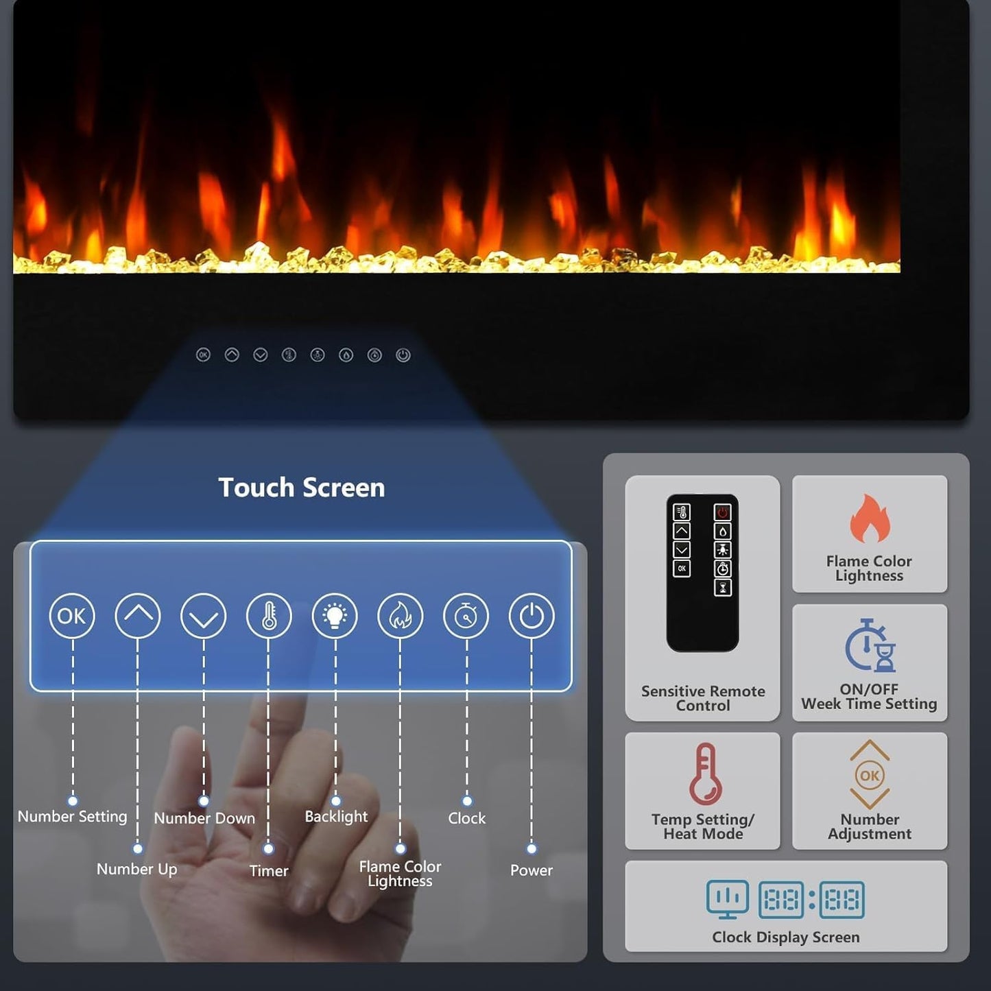 YODOLLA Electric Fireplace Wall Mounted Insert with 10 Color LED Flames