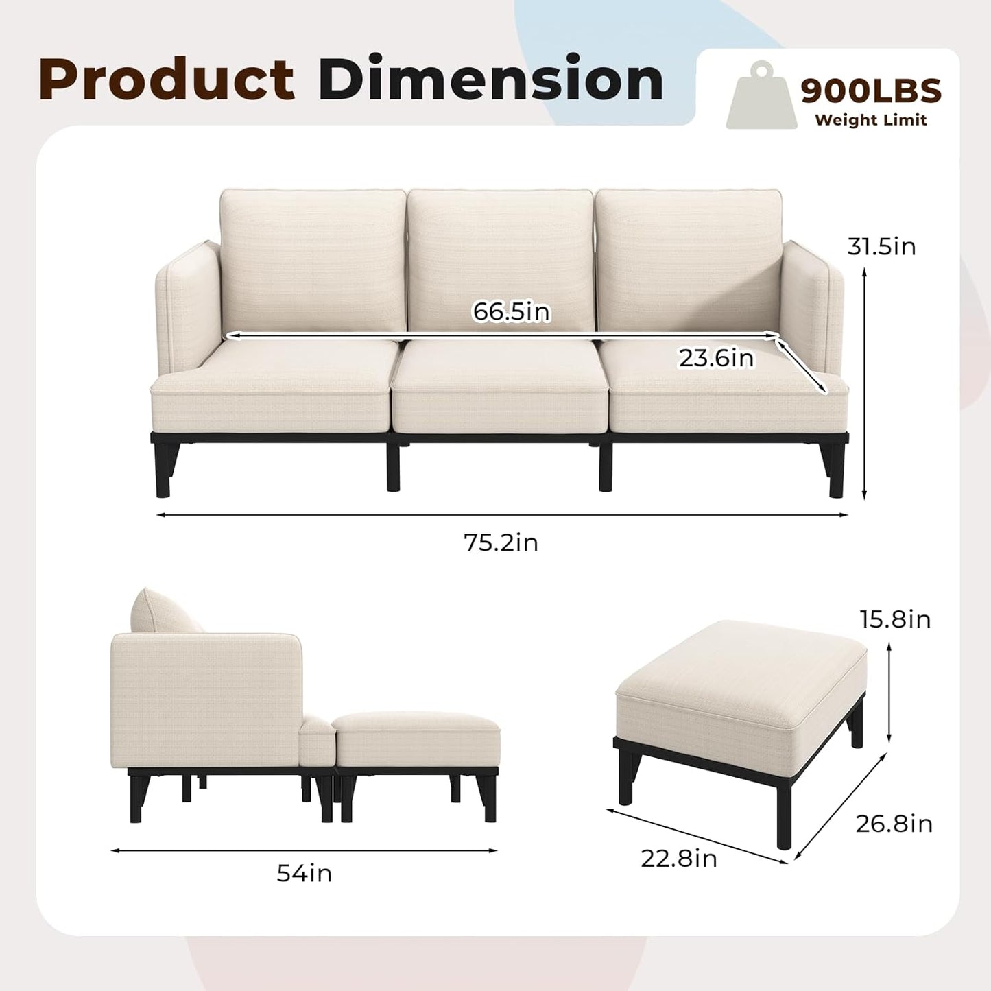 YODOLLA  L-Shaped 3-Seater Sofa 191cm Fabric Sofa with Chaise Ottoman