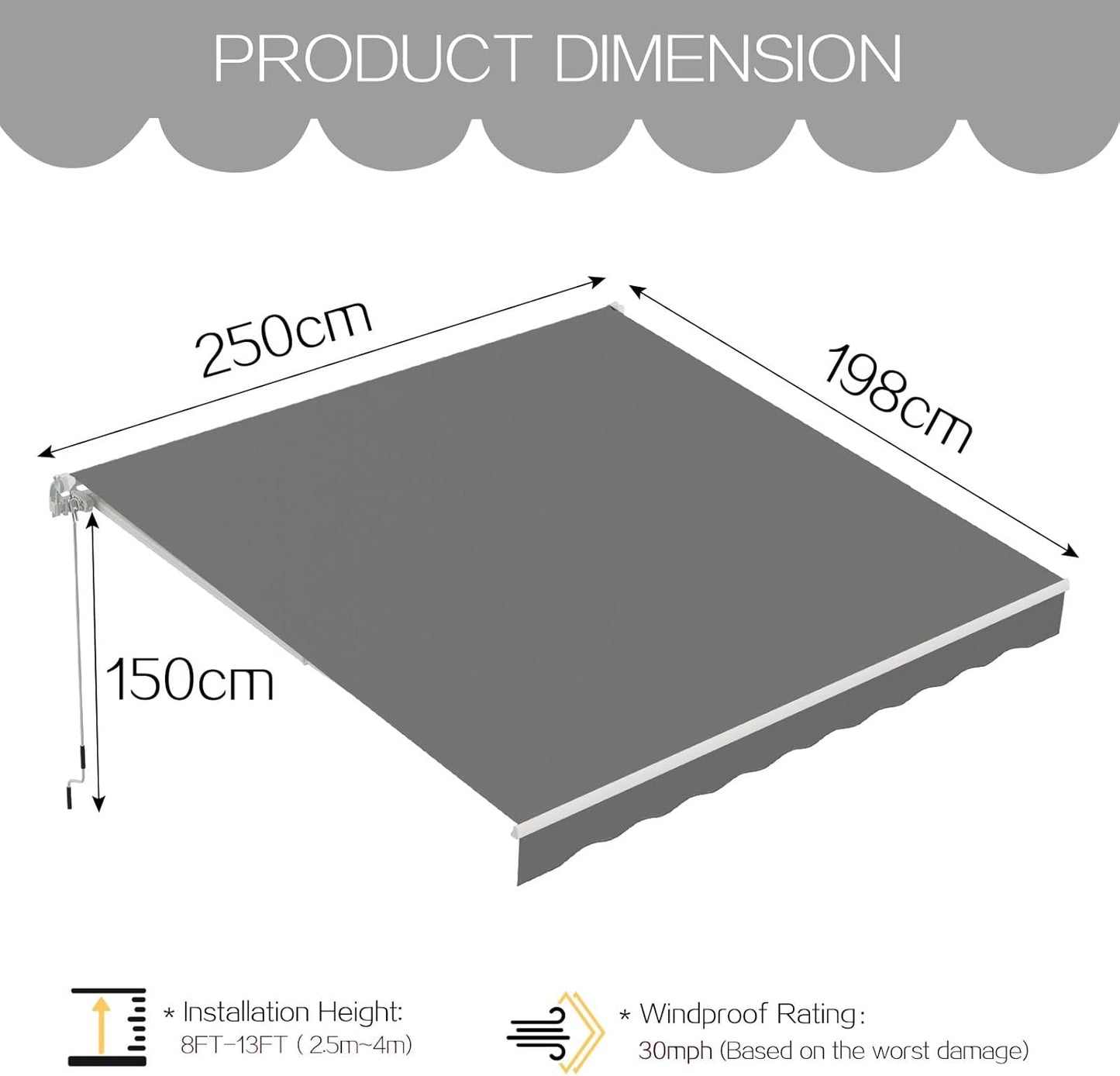 YODOLLA 250×198cm Manual Retractable Awning Sun Shade