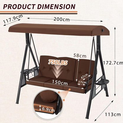 YODOLLA 3-Seat Patio Porch Swing Chair, Brown