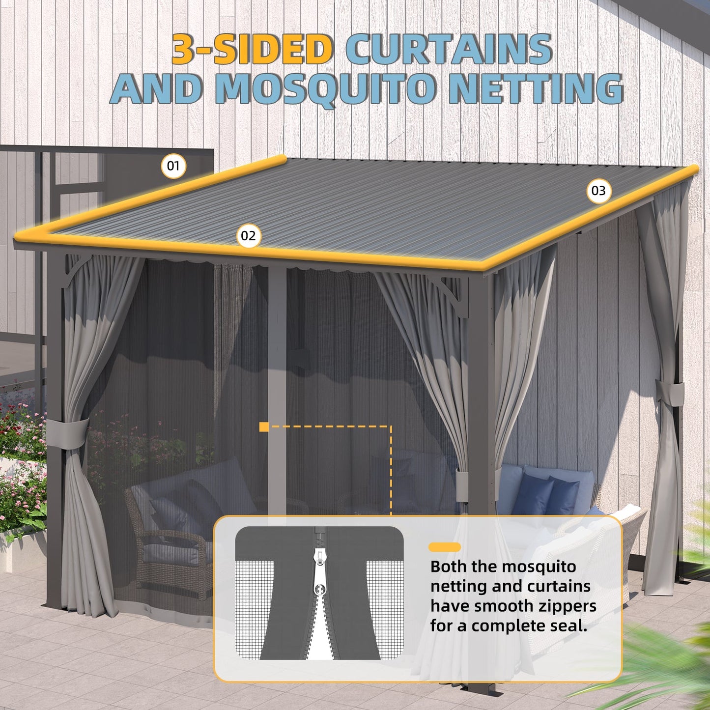 YODOLLA 2.4x3m Outdoor Pergola Hardtop Gazebo with Curtains and Netting for Patio