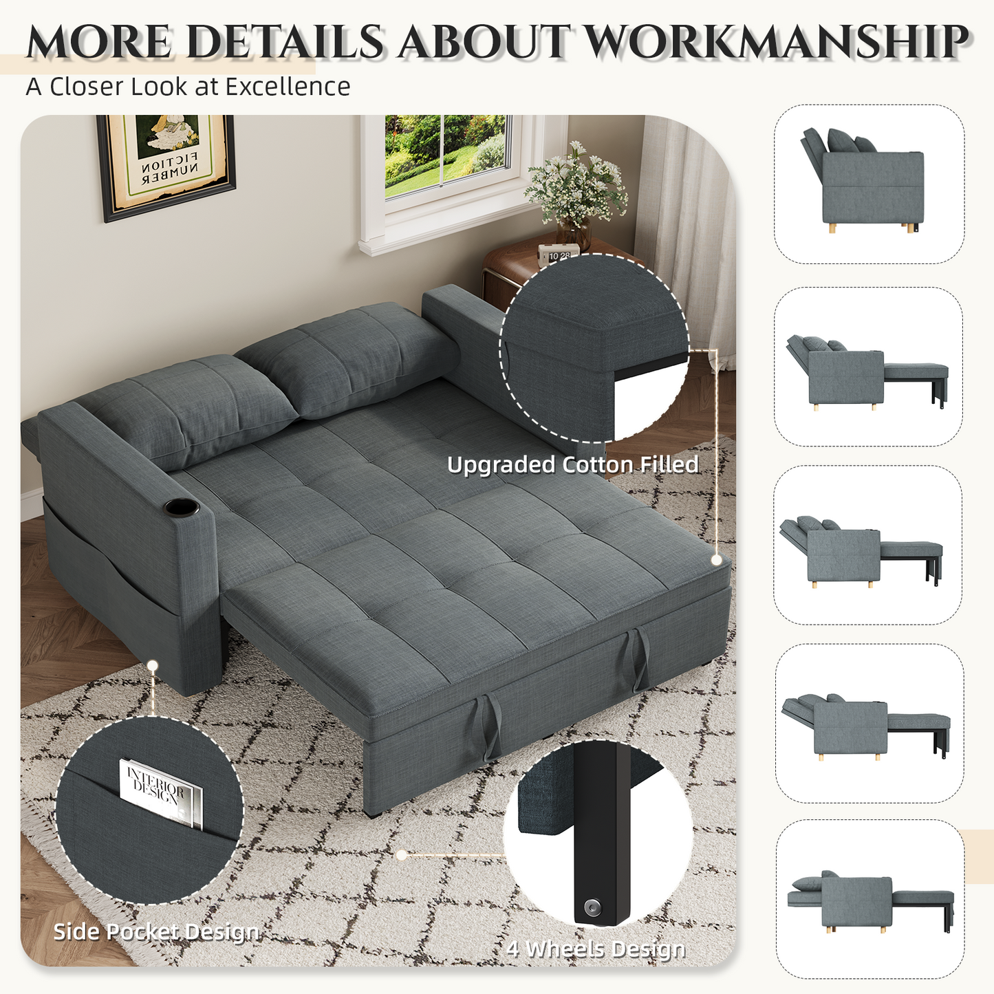 YODOLLA 2 Seater Sofa bed, 3-in-1 Convertible Sleeper Sofa 160cm, Dark Grey