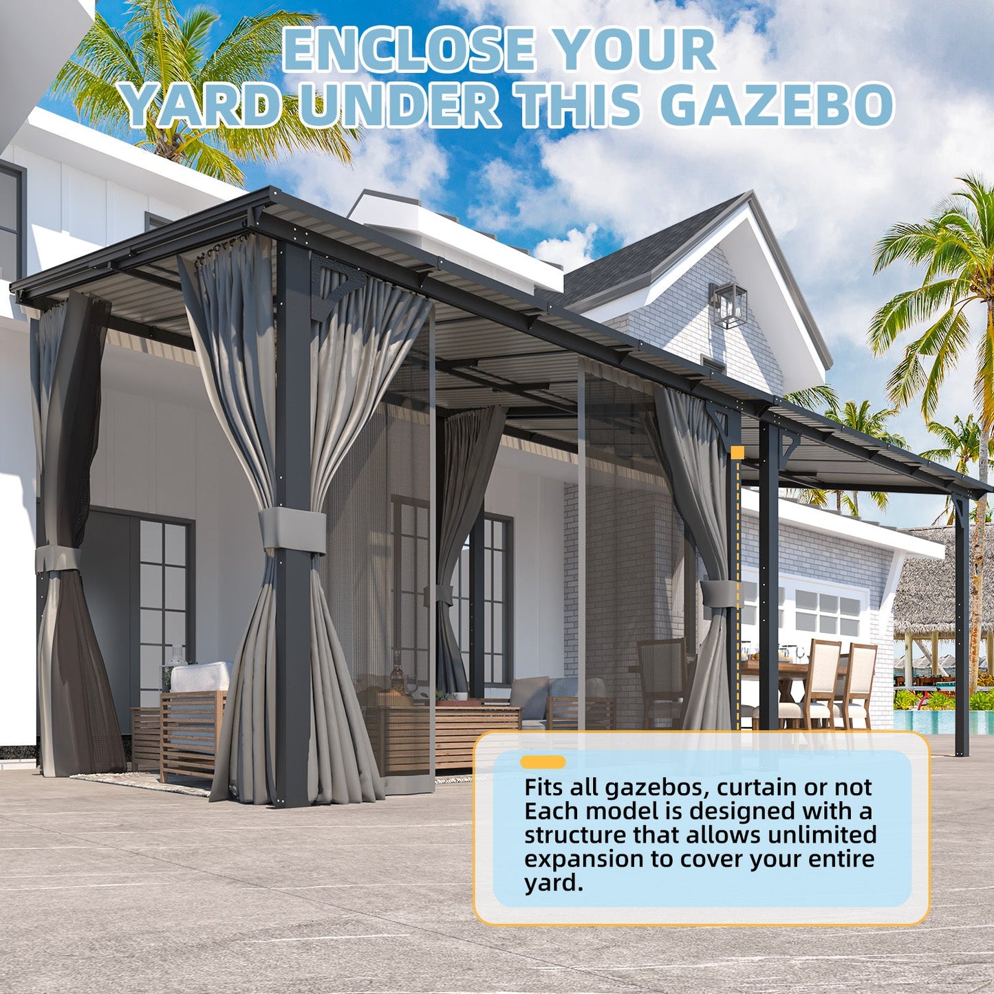 YODOLLA 2.4 X 3 m Small Wall-Mounted Lean to Pergola Gazebo with Curtains and Netting