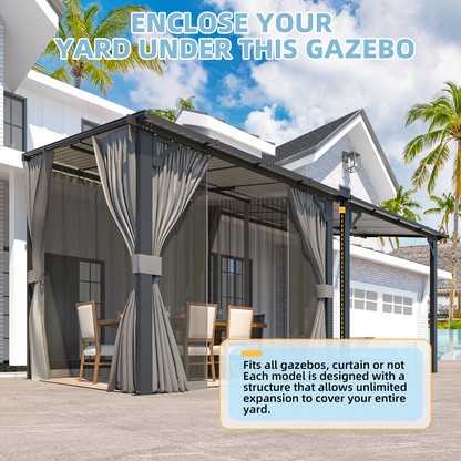 YODOLLA 2.4x2.4m Wall-Mounted Lean to Pergola Gazebo with Curtains and Netting
