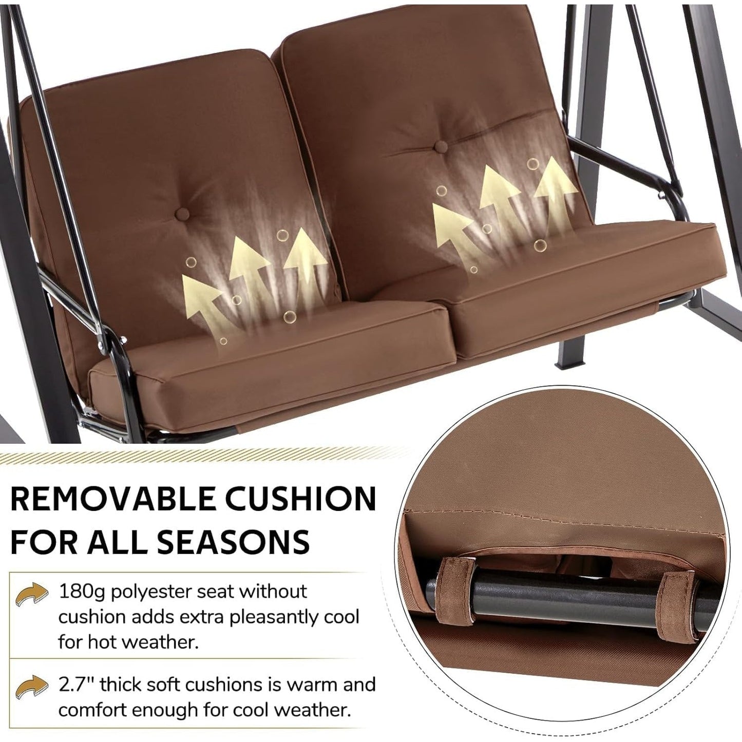 YODOLLA 2 Seater Garden Swing Chair with Adjustable Canopy & Cushions-Brown