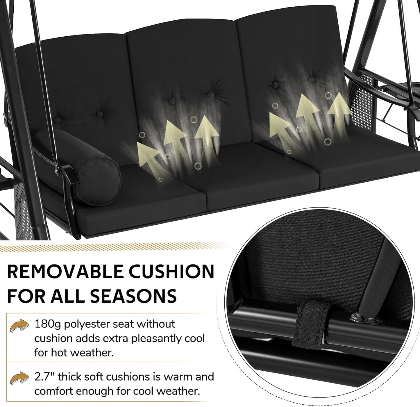 YODOLLA 3 Seater Garden Swing Chair with Adjustable Canopy & Cushions, Black