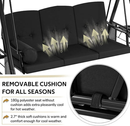 YODOLLA 3 Seater Garden Swing Chair with Adjustable Canopy & Cushions, Black