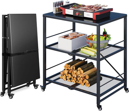YODOLLA Foldable Stainless Pizza Oven Table,3-Tier Outdoor Grill Cart Trolley on Wheels