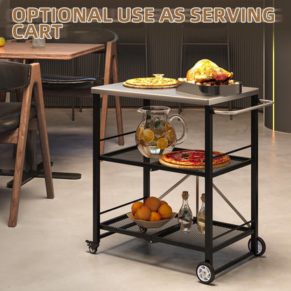 YODOLLA Foldable Stainless Pizza Oven Table,Three-Shelf Garden Food Trolley