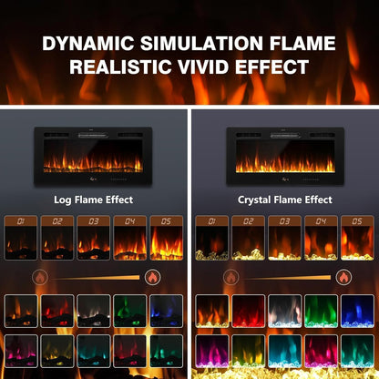 YODOLLA Electric Fireplace Wall Mounted Insert with 10 Color LED Flames