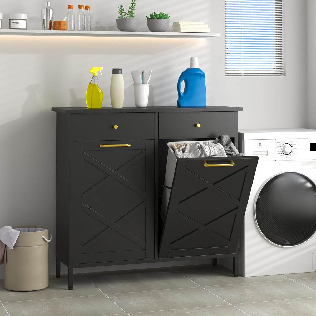 YODOLLA Double Tilt Out Trash Can Cabinet with 2 Drawers