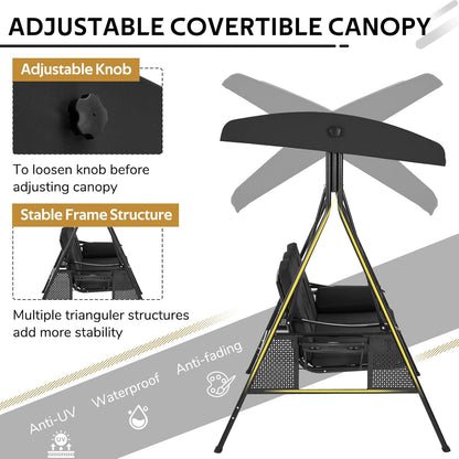 YODOLLA 3 Seater Garden Swing Chair with Adjustable Canopy & Cushions, Black