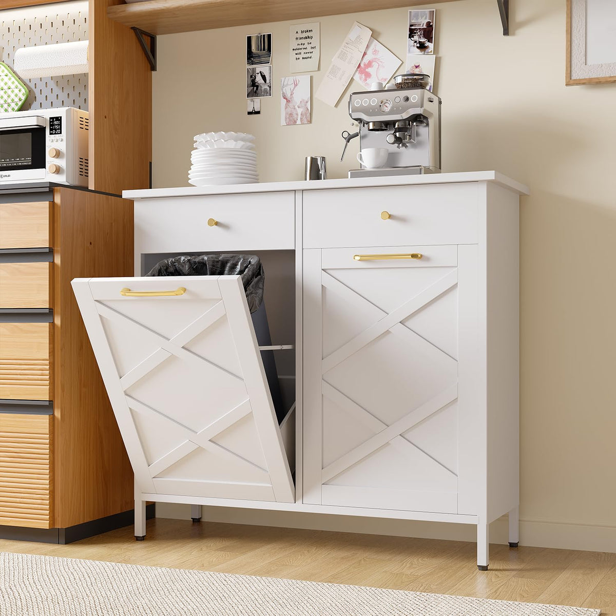 YODOLLA Double Tilt Out Trash Can Cabinet with 2 Drawers