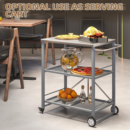 YODOLLA Foldable Stainless Pizza Oven Table,Three-Shelf Garden Food Trolley
