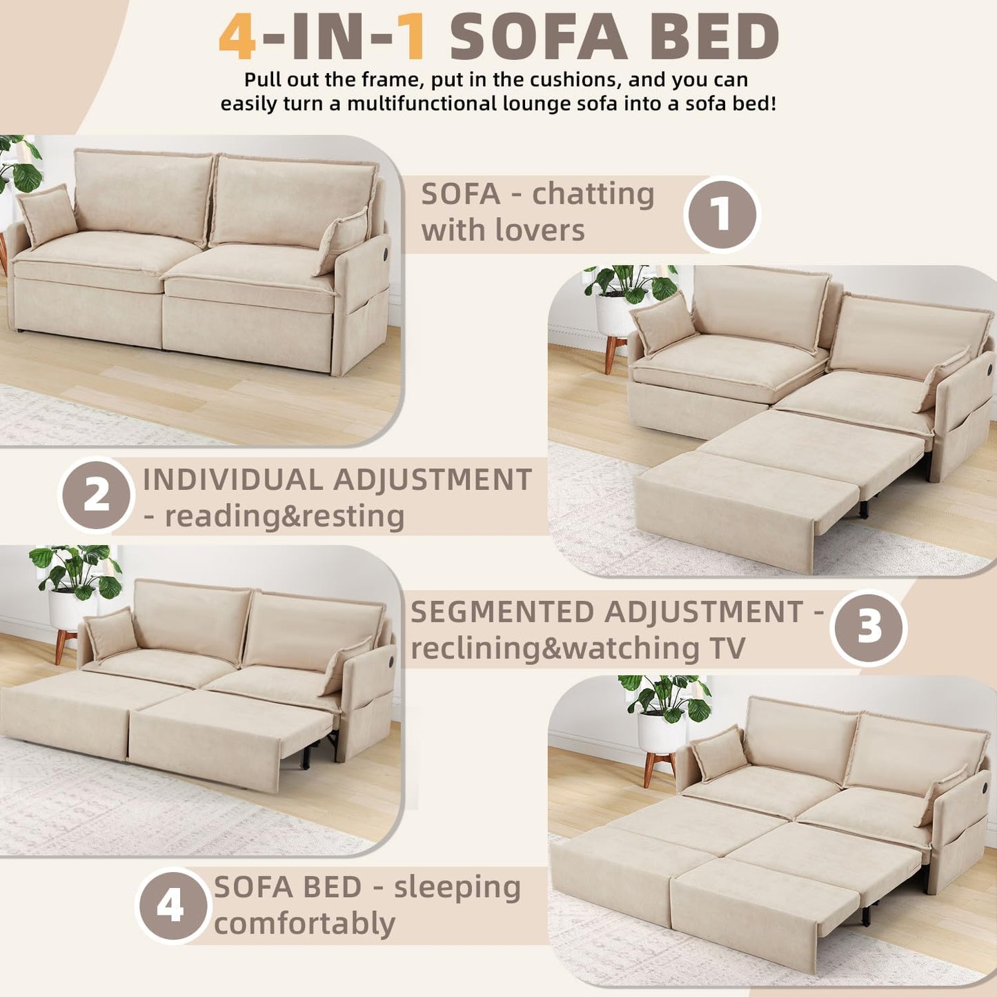 YODOLLA 4 in 1 Sofa Bed Queen, 72" Pull Out Couch Sleeper Sofa Bed