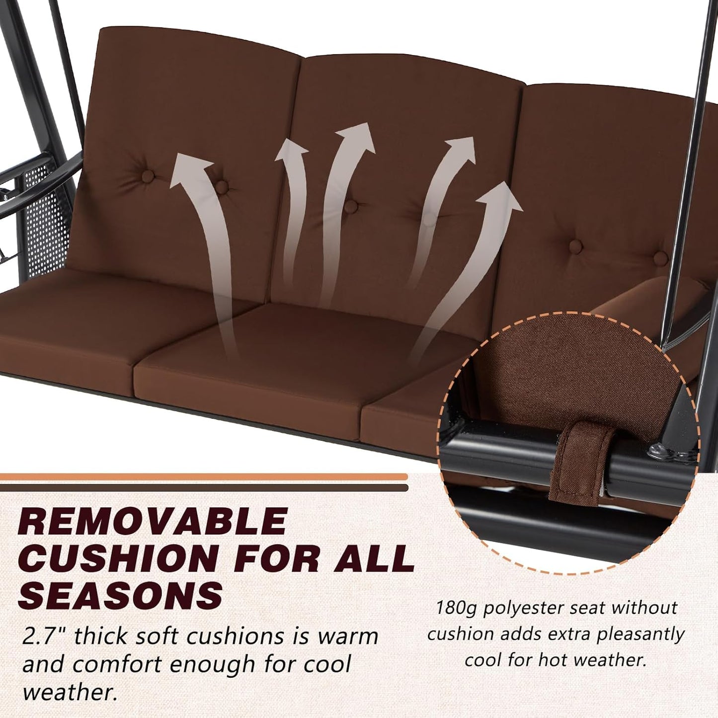 YODOLLA 3-Seat Patio Porch Swing Chair, Brown