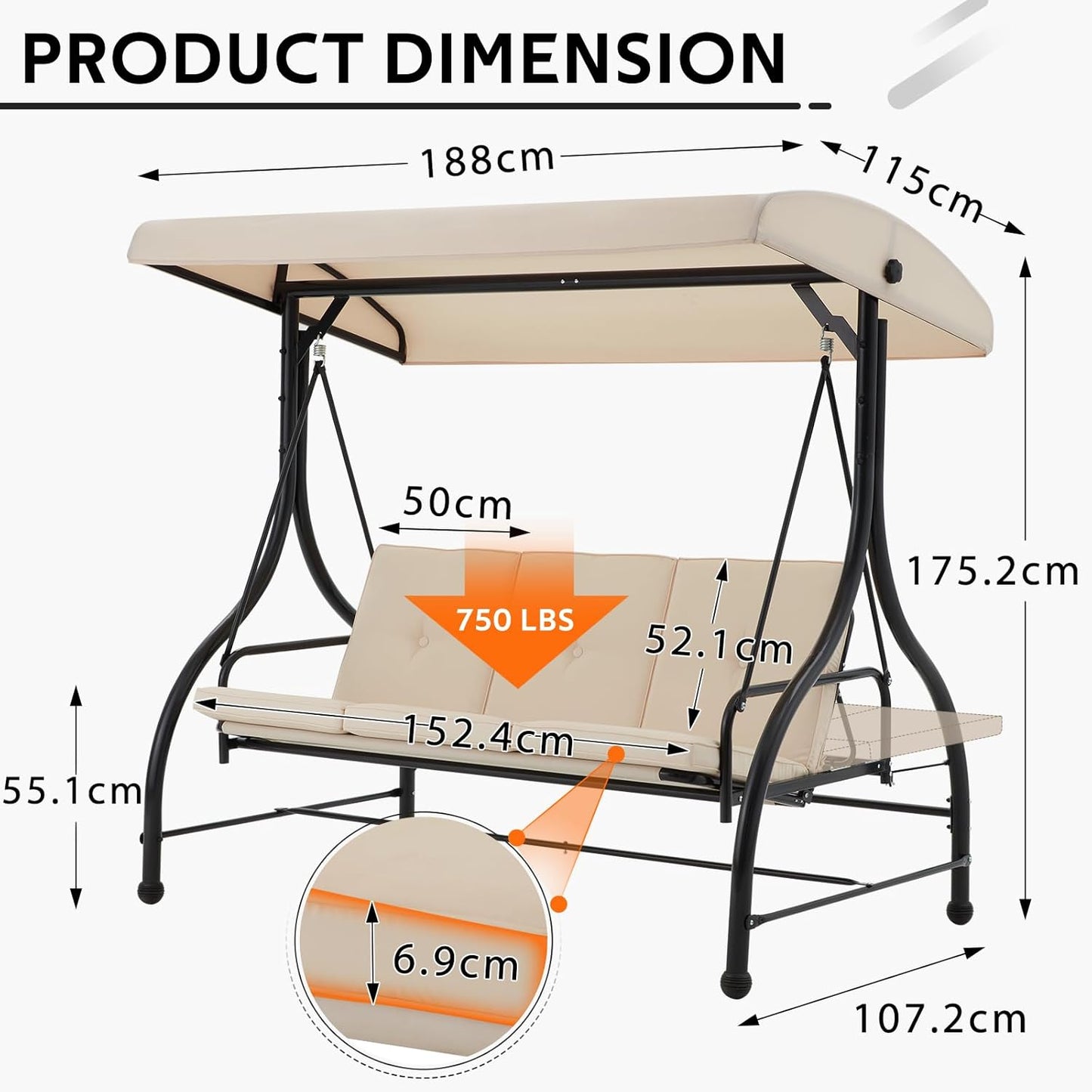 YODOLLA 3 Seater Garden Swing Seat Bed, Beige