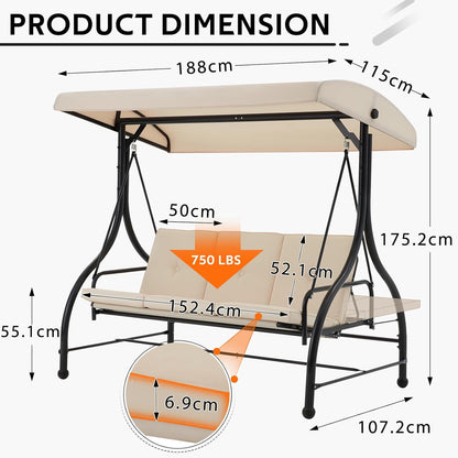 YODOLLA 3 Seater Garden Swing Seat Bed, Beige