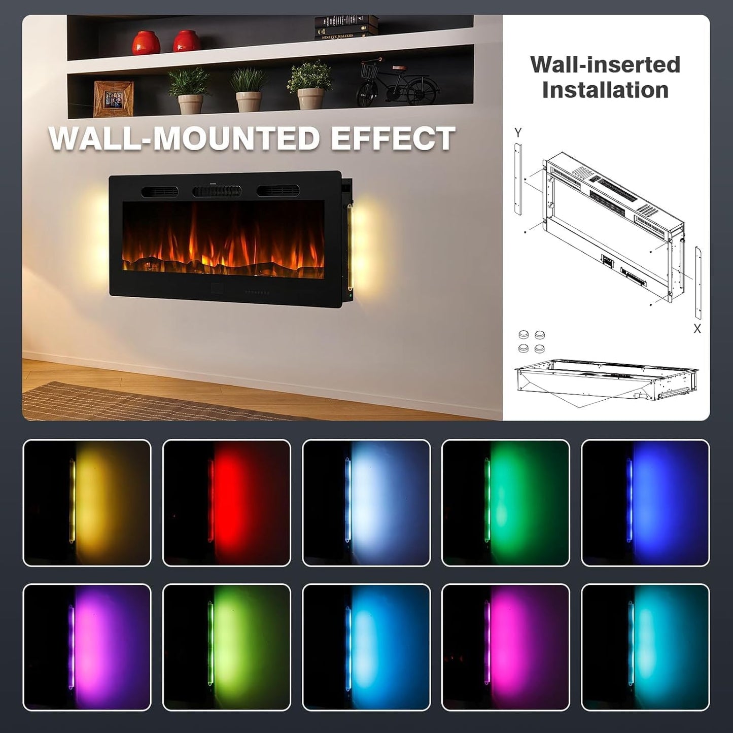 YODOLLA Electric Fireplace Wall Mounted Insert with 10 Color LED Flames
