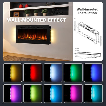YODOLLA Electric Fireplace Wall Mounted Insert with 10 Color LED Flames