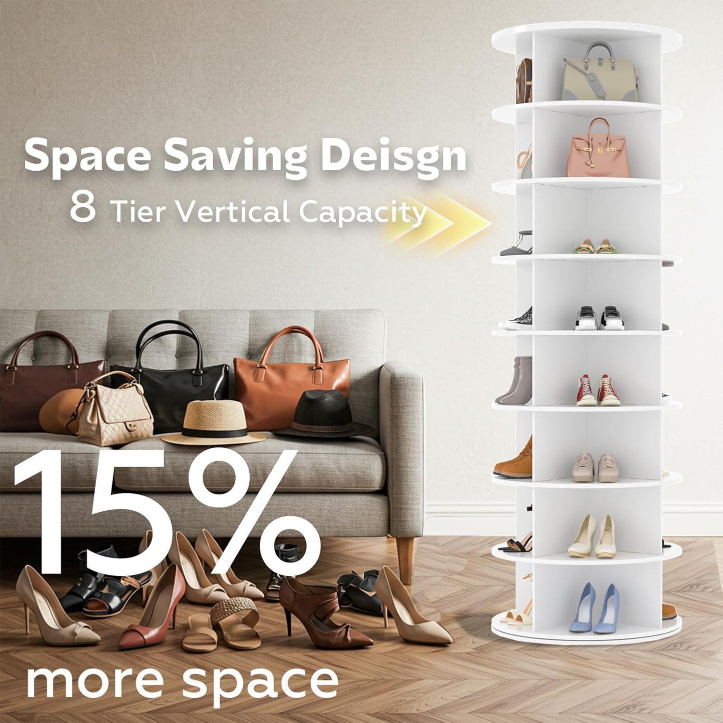 YODOLLA 8 Tier Rotating Shoe Rack, Shoe Tower Organizer, White