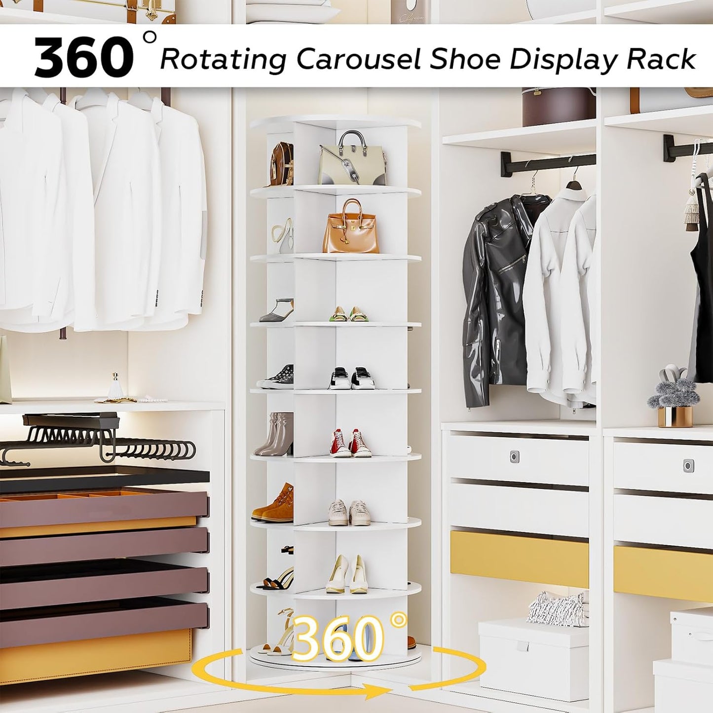 YODOLLA 8 Tier Rotating Shoe Rack, Shoe Tower Organizer, White