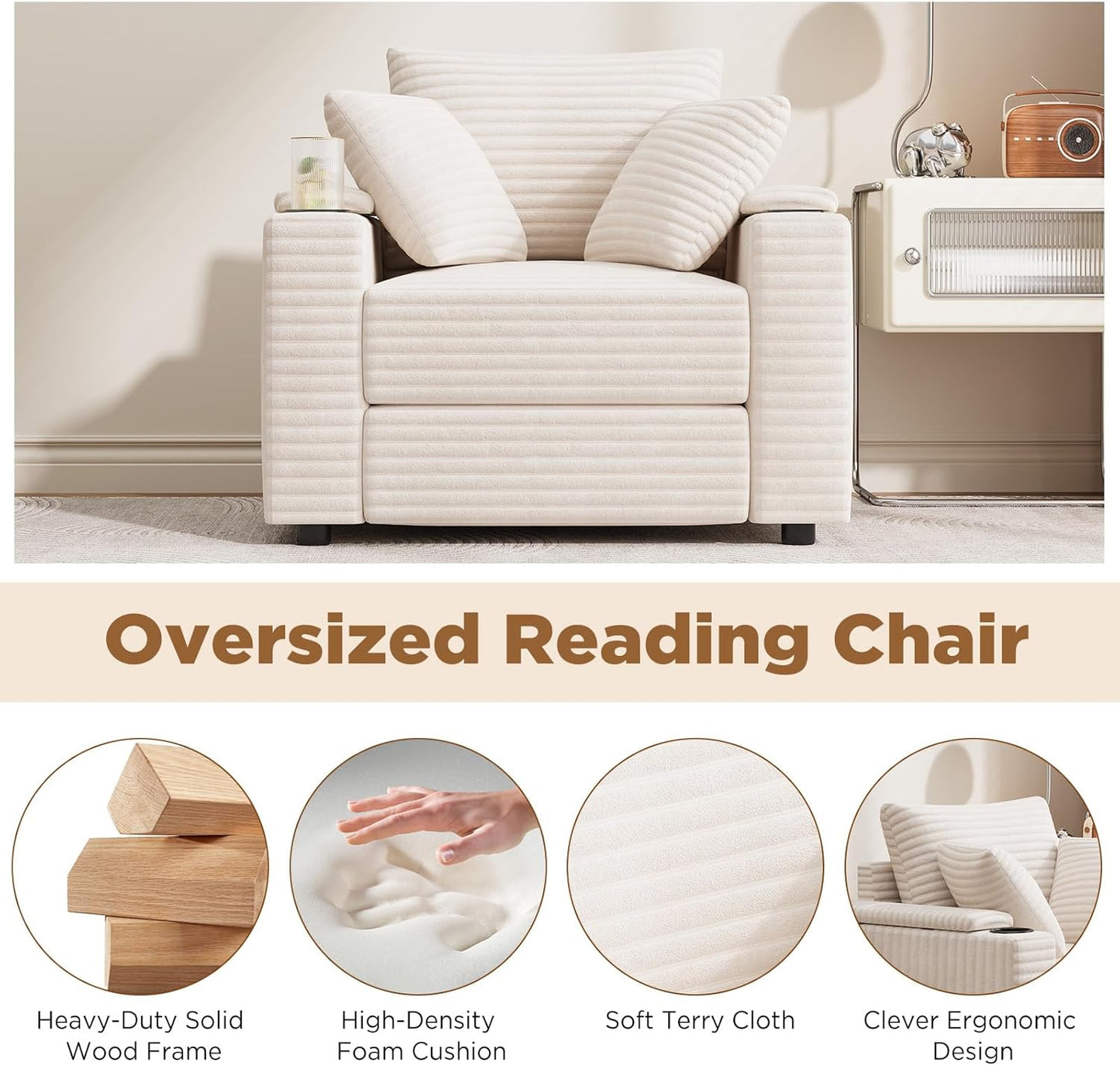 YODOLLA Single Chaise lounge Sofa, Chair Bed with Ottoman, Beige