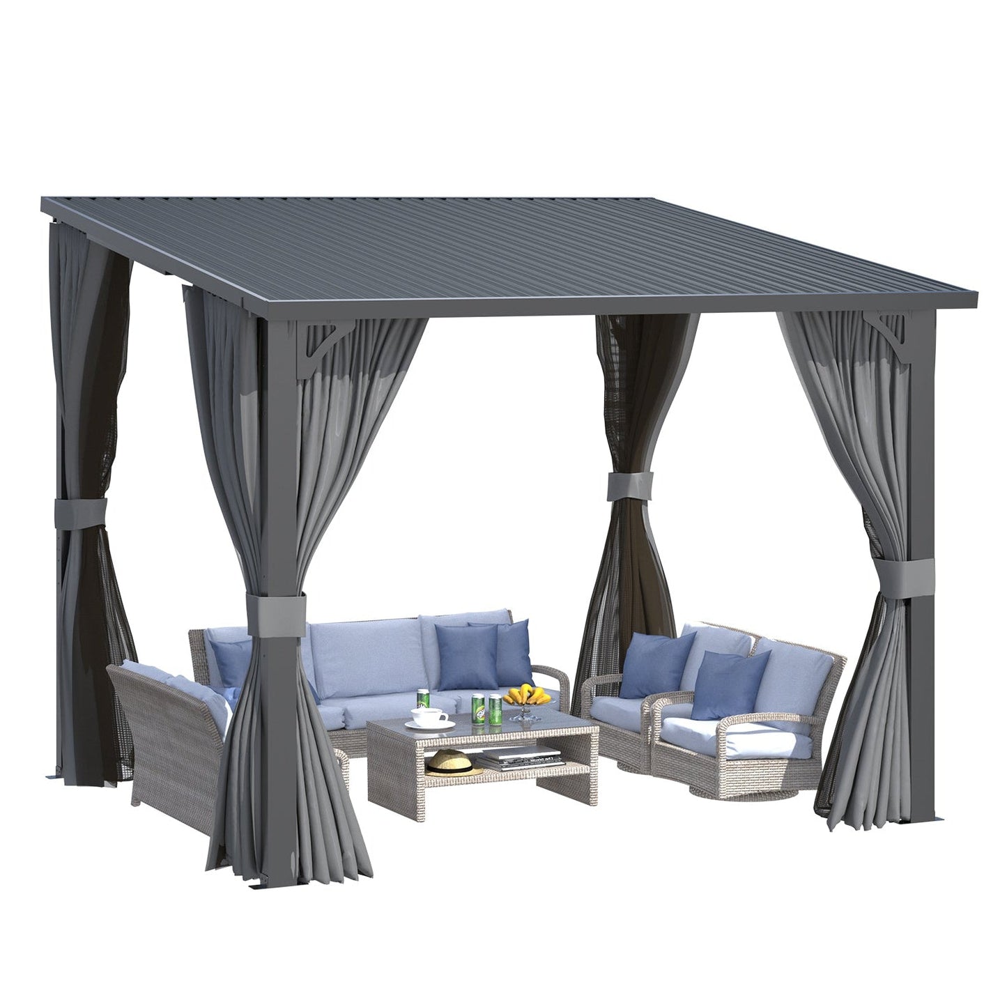YODOLLA 2.4x3m Outdoor Pergola Hardtop Gazebo with Curtains and Netting for Patio