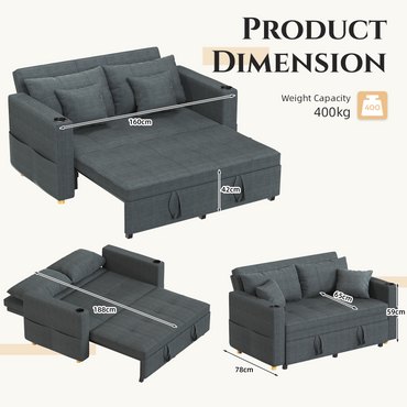 YODOLLA 2 Seater Sofa bed, 3-in-1 Convertible Sleeper Sofa 160cm, Dark Grey