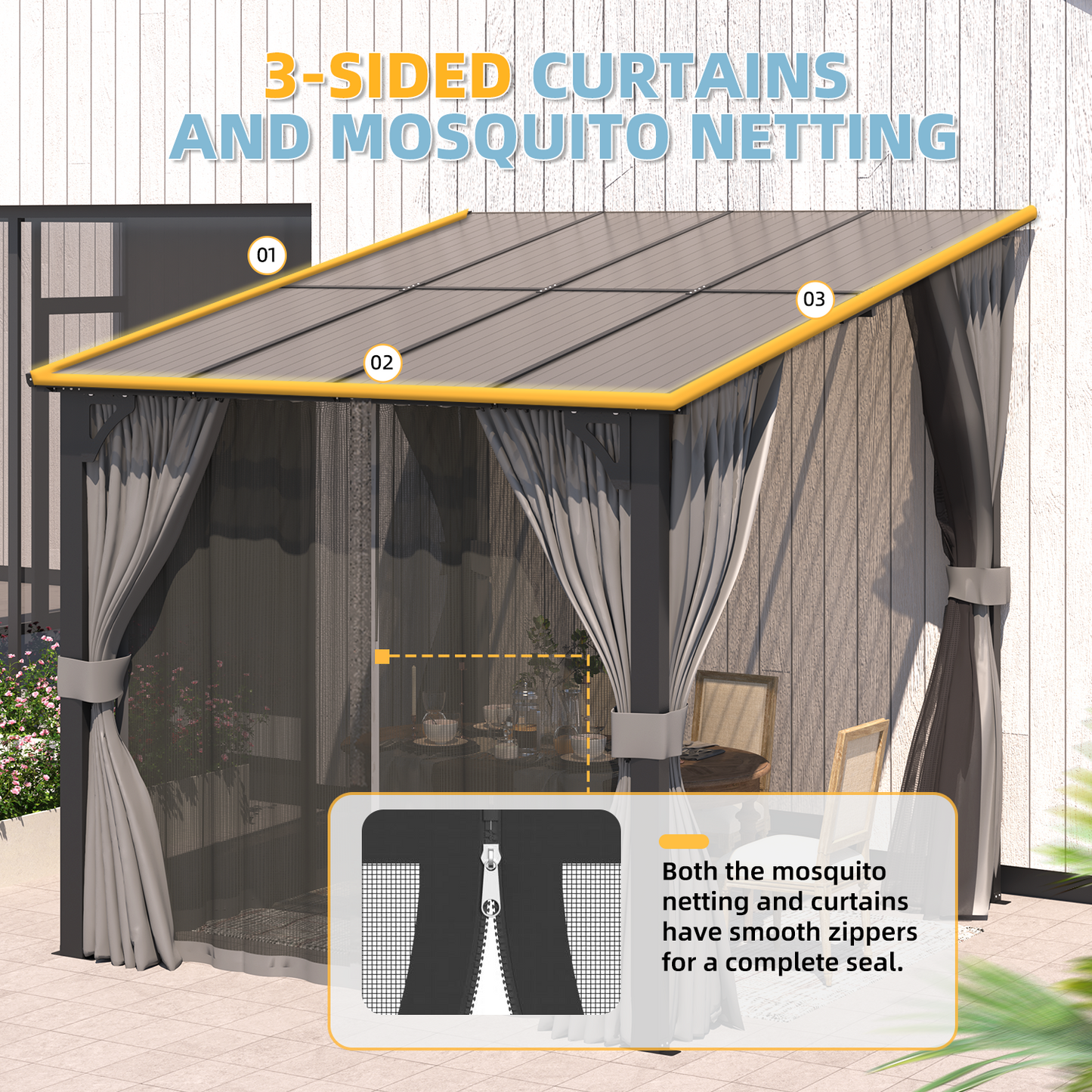 YODOLLA 2.4x2.4m Wall-Mounted Lean to Pergola Gazebo with Curtains and Netting