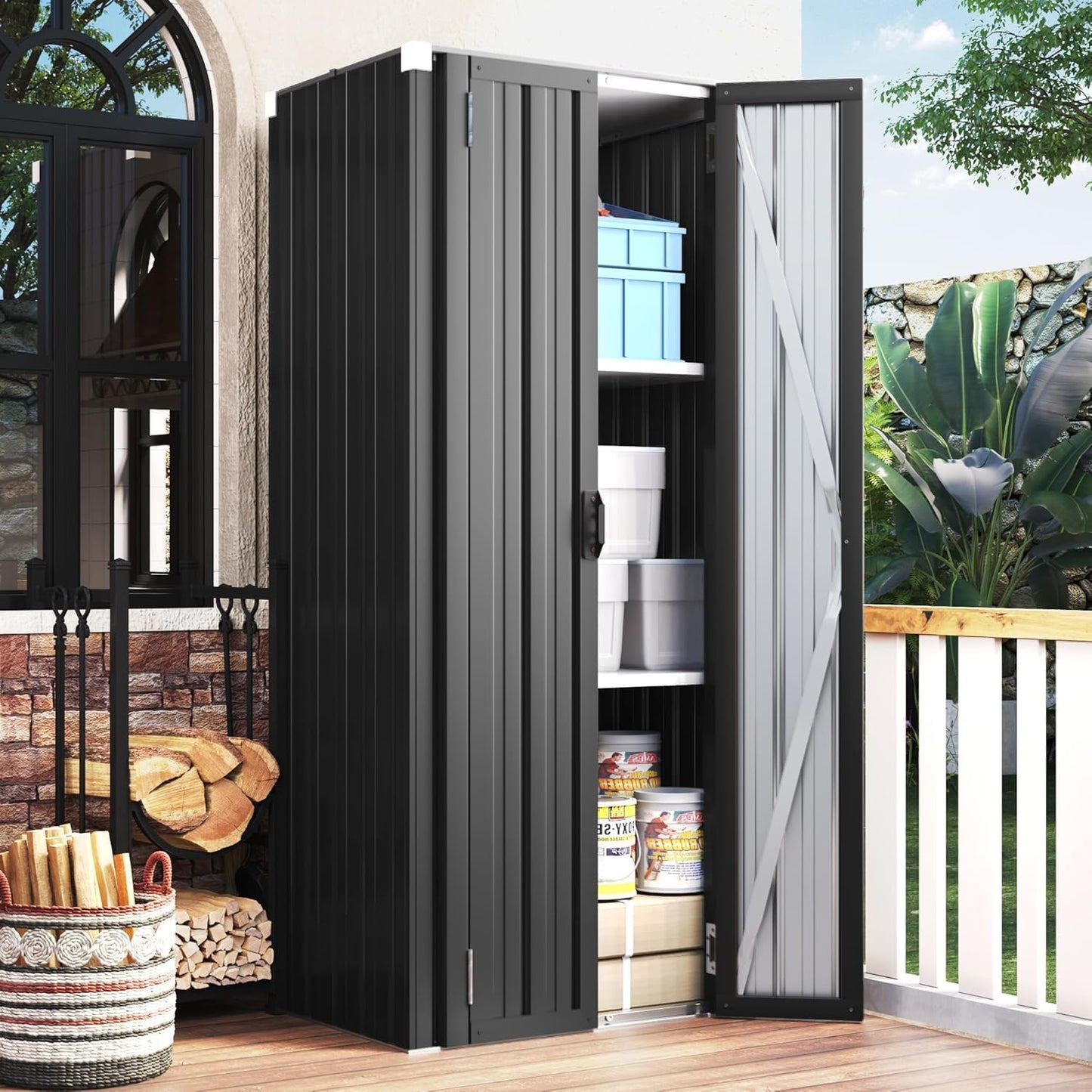 YODOLLA Outdoor Tall Garden Storage Box with 3 Adjustable Shelves