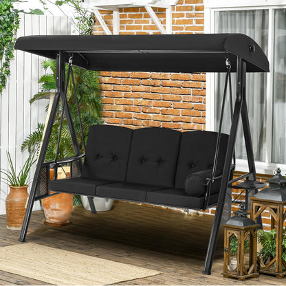 YODOLLA 3 Seater Garden Swing Chair with Adjustable Canopy & Cushions, Black