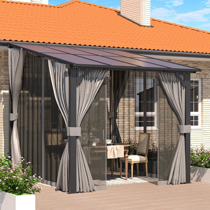 YODOLLA 2.4x2.4m Wall-Mounted Lean to Pergola Gazebo with Curtains and Netting