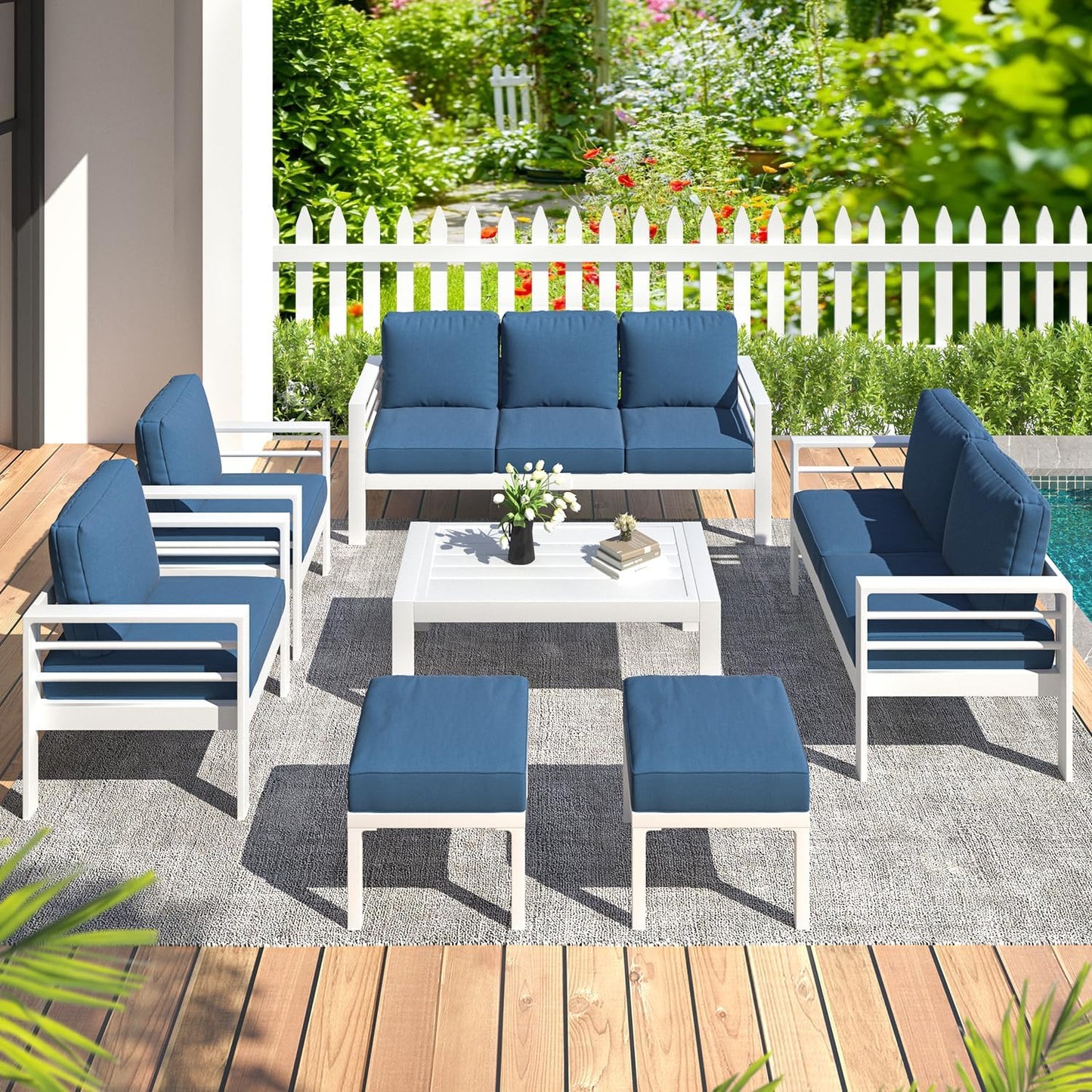 YODOLLA 7-Piece Aluminium Garden Furniture Set, 9 Seater Conversational Corner Sofa