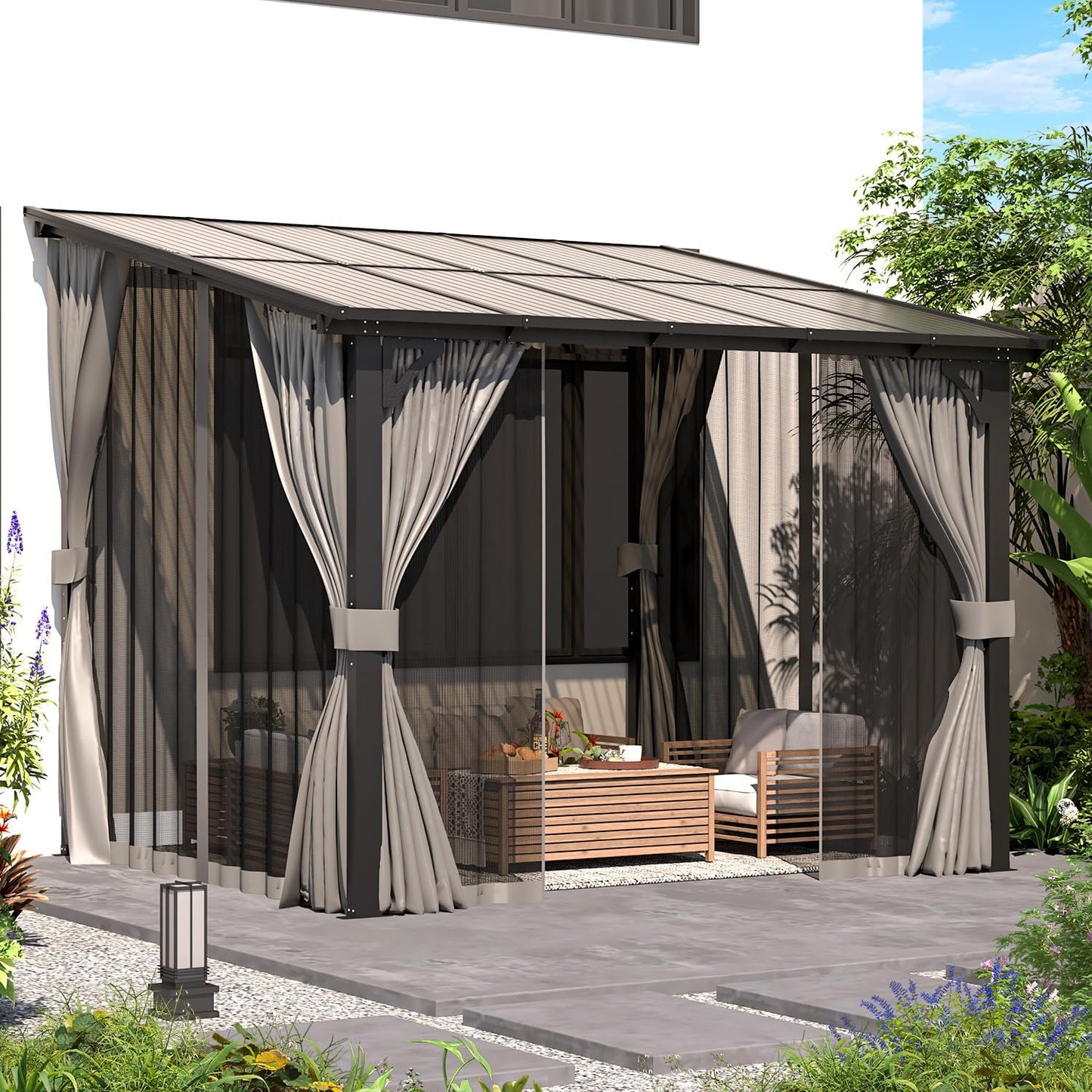 YODOLLA 2.4 X 3 m Small Wall-Mounted Lean to Pergola Gazebo with Curtains and Netting