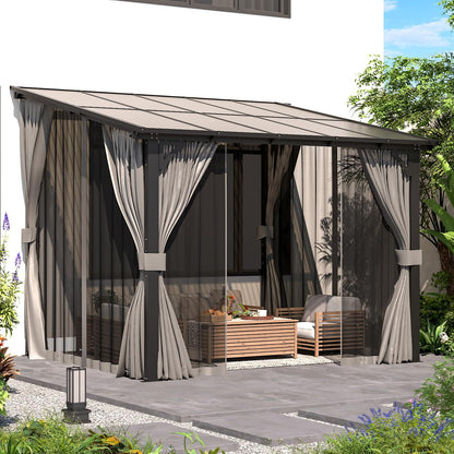 YODOLLA 2.4 X 3 m Small Wall-Mounted Lean to Pergola Gazebo with Curtains and Netting