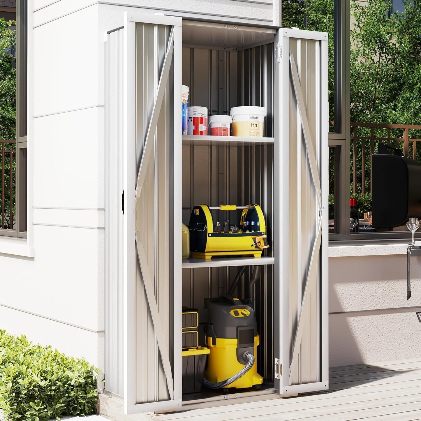 YODOLLA Outdoor Tall Garden Storage Box with 3 Adjustable Shelves