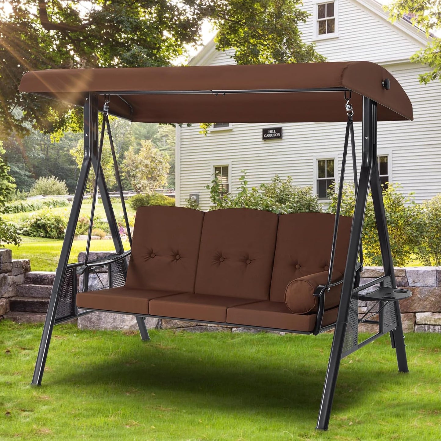 YODOLLA 3-Seat Patio Porch Swing Chair, Brown